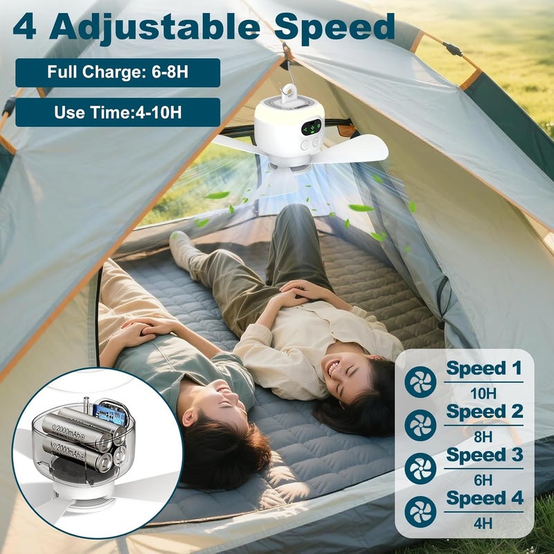 BOKASM Portable Camping Fan,Tent Ceiling Fan,Rechargeable 8000mAh Battery with LED Lighting & Hook,Auto Shut Off Timer,Detachable Fan Blade,Wind Power Adjustment,Used for Tent/Canopy/RV/Porch/Beach/Bedroom - Image 3